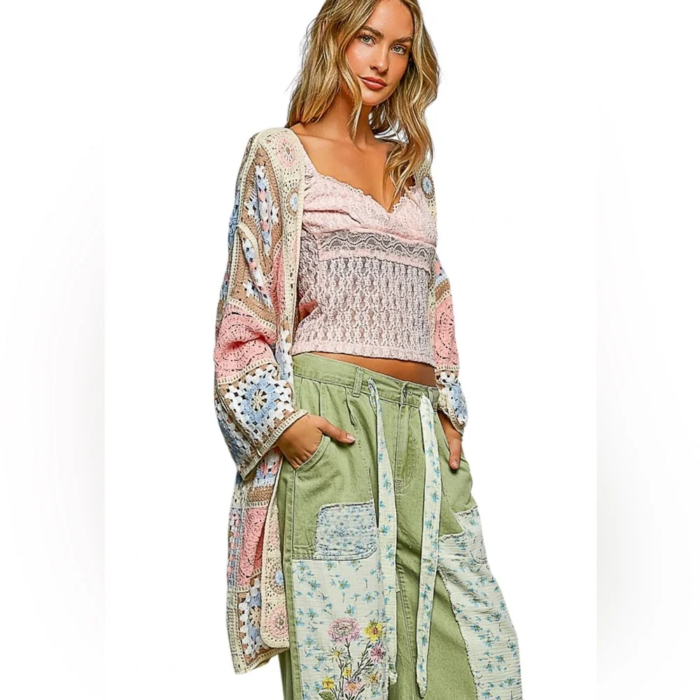 272. POL Pastel Bohemian Patchwork Cardigan NWT - Picture 2 of 3